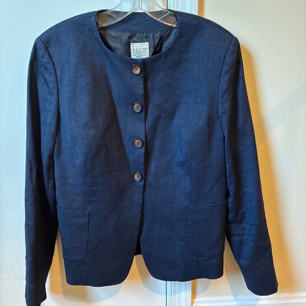 Pauw Amsterdam navy blue linen blend collarless blazer size 3 L
